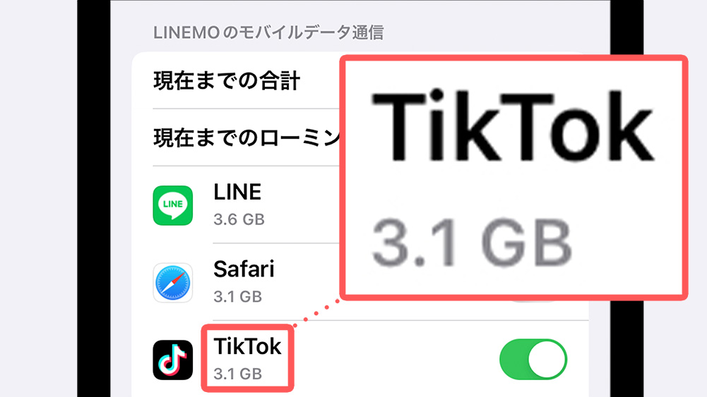iPhoneでTikTokのモバイルデータ通信量を確認する