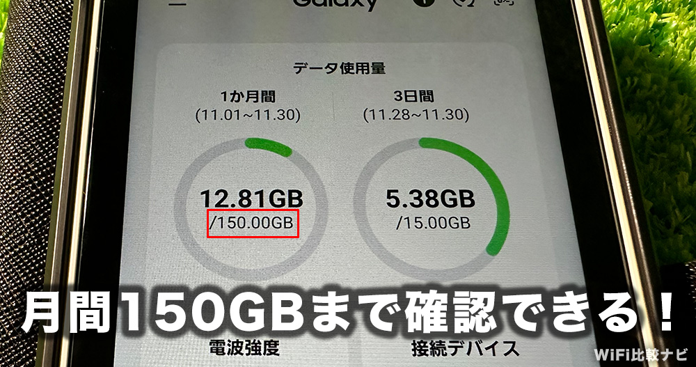 Galaxy 5G Mobile Wi-Fi SCR01は月間100GBまでのデータ容量を確認できる